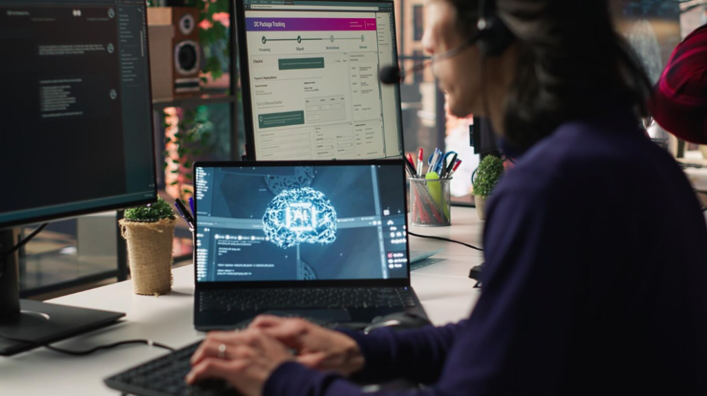 Profissional utiliza plataforma de IA para CRM para automatizar vendas, analisar dados e otimizar o relacionamento com clientes.